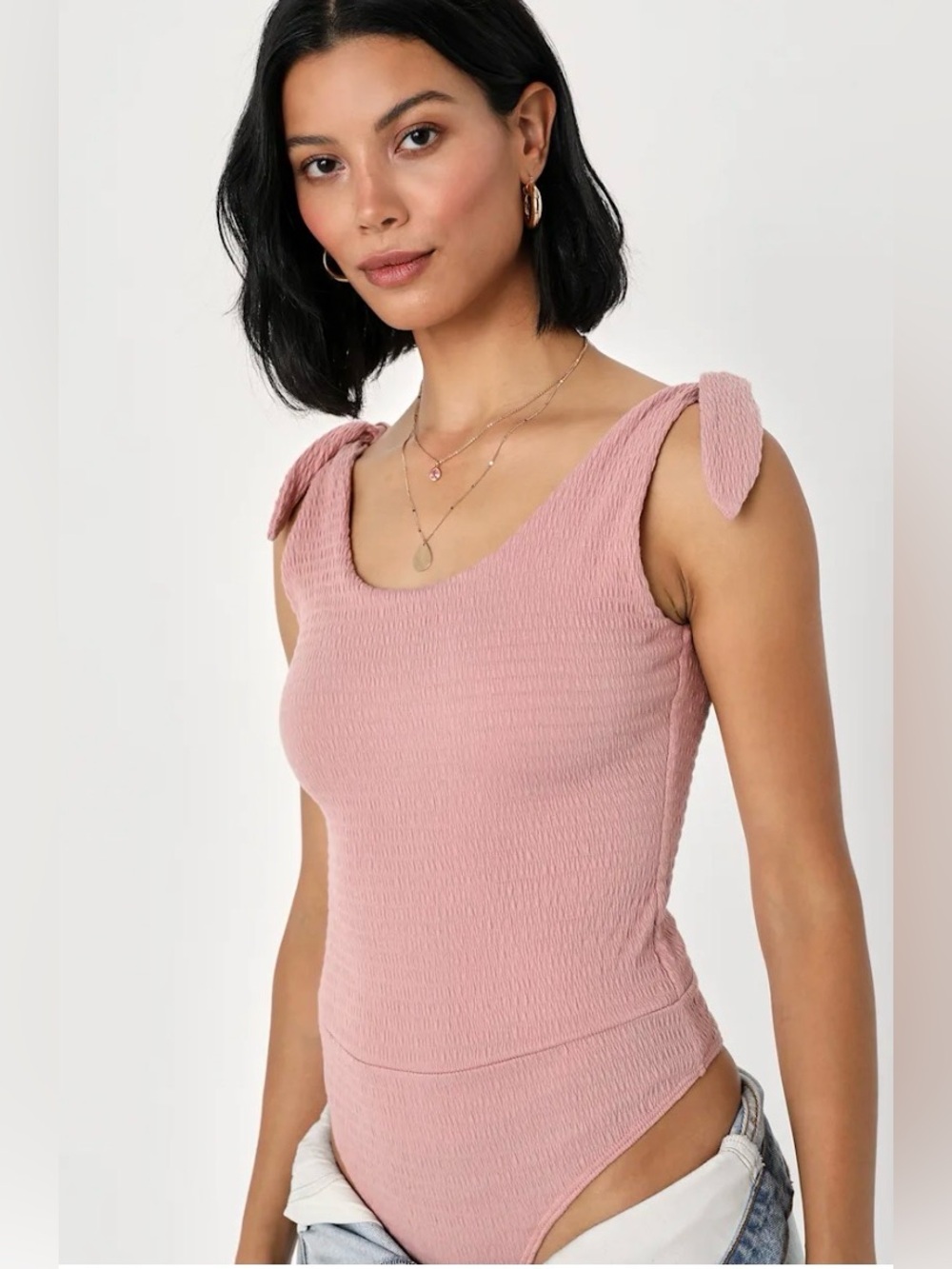 Lulu’s “So Much To Admire” Mauve Textured Tie-Strap Bodysuit